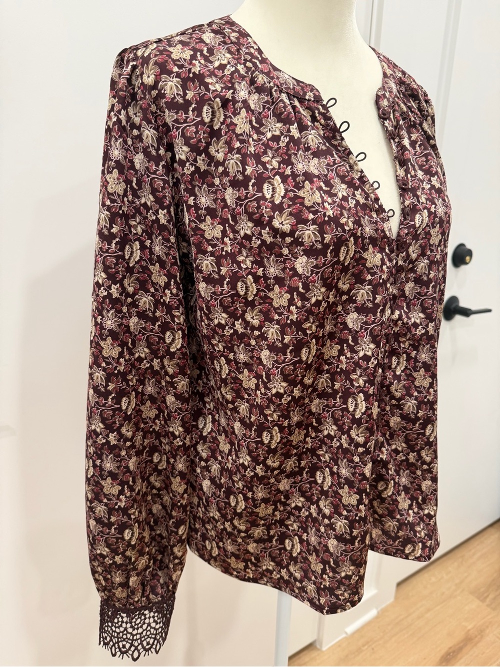 Ann Taylor Burgundy Floral Split-Neck Blouse with Lace Cuffs